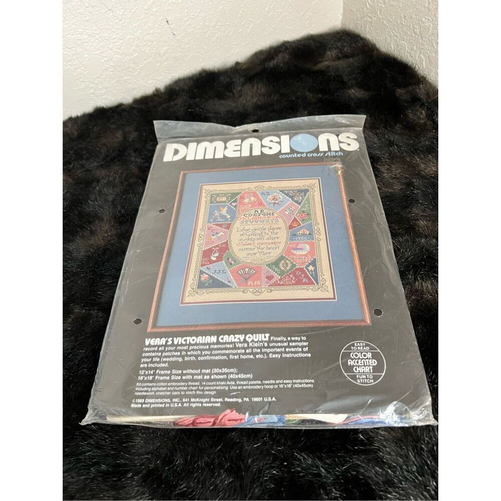 New Dimensions 1989 Counted Cross Stitch Victorian Crazy Quilt Sampler with Memo